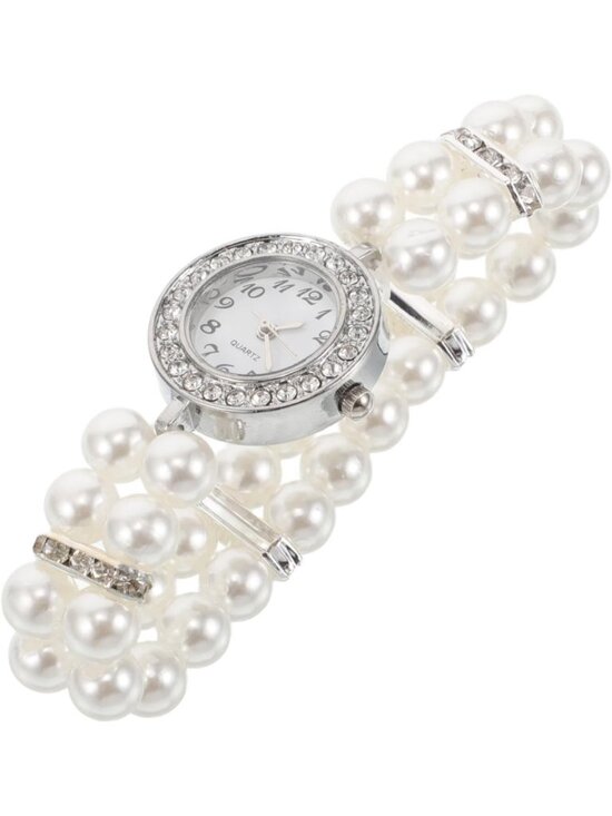 Accessories - Women's Silver White Rhinestone Pearl  Elegant Elastic Bangle Rhinestone Watches